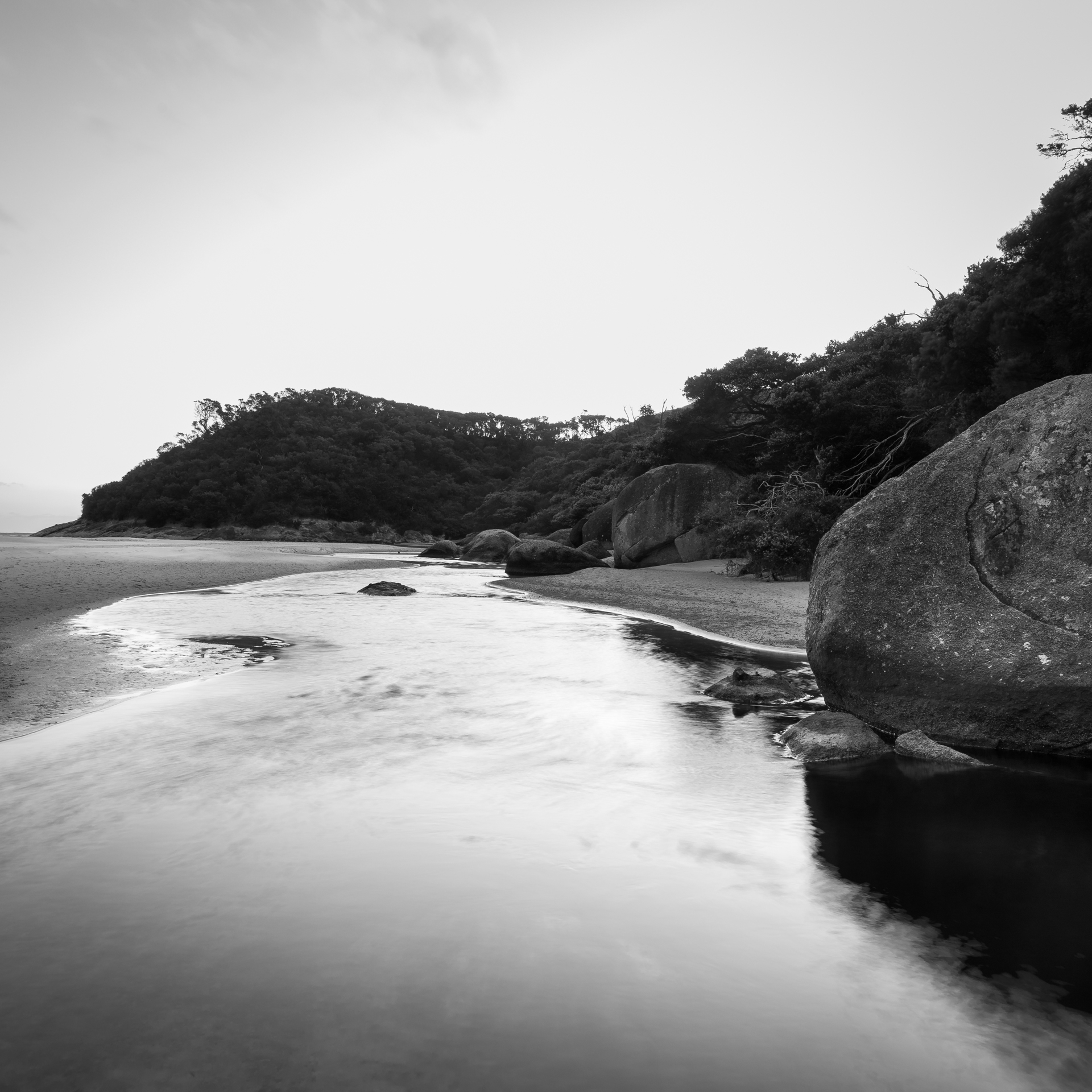 Black and white photograph of the tidal river at Wilsons Promontory